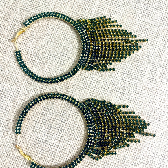 NEW, Natasha, Green Rhinestone, Sparkling Dangle Hoop Earrings - Picture 6 of 9